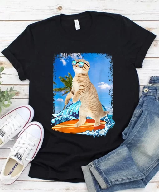 Cute Surfing Hawaiian Cat Lover Surfer Beach Summer Vacation Funny Colorful Unisex T Shirt