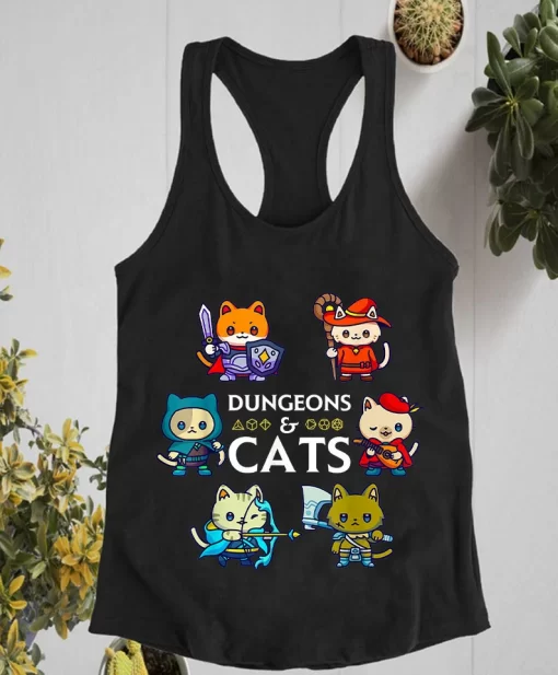 Dungeons and Cats RPG D20 Dice Nerdy Fantasy Gamer Cat Funny Cartoon Colorful Unisex T Shirt