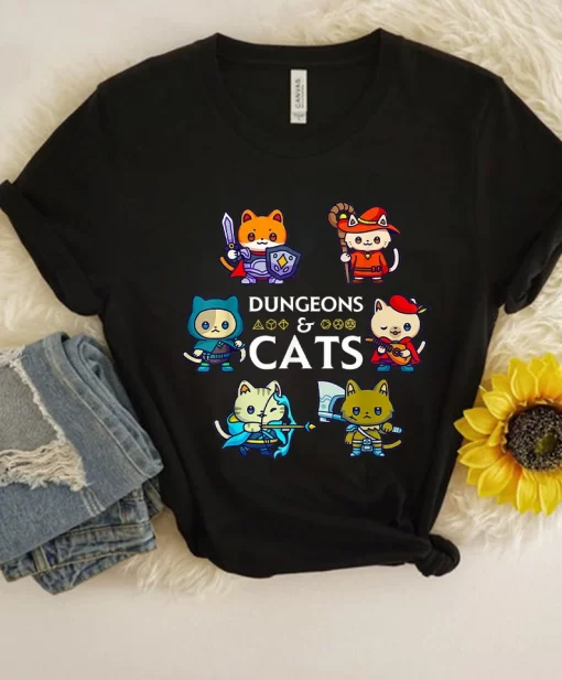 Dungeons and Cats RPG D20 Dice Nerdy Fantasy Gamer Cat Funny Cartoon Colorful Unisex T Shirt