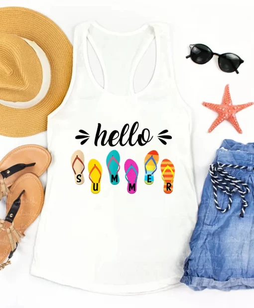 Hello Summer Colorful Flip Flops Beach Vacay Summertime Funny Cartoon Colorful Unisex T Shirt