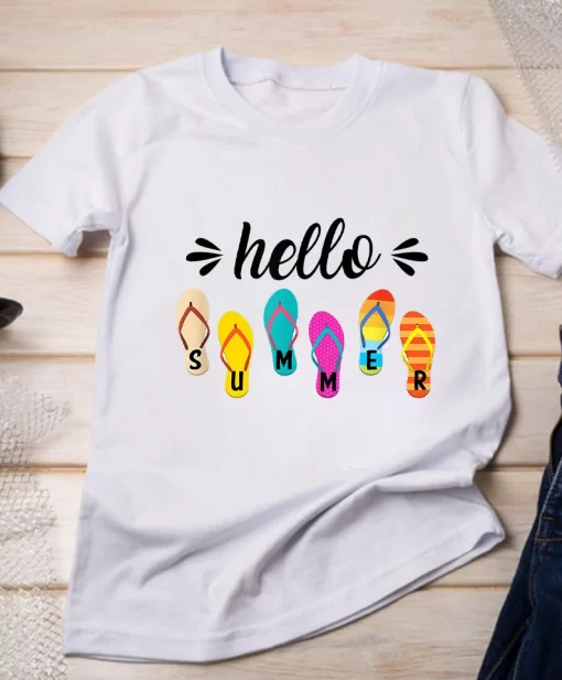 Hello Summer Colorful Flip Flops Beach Vacay Summertime Funny Cartoon Colorful Unisex T Shirt