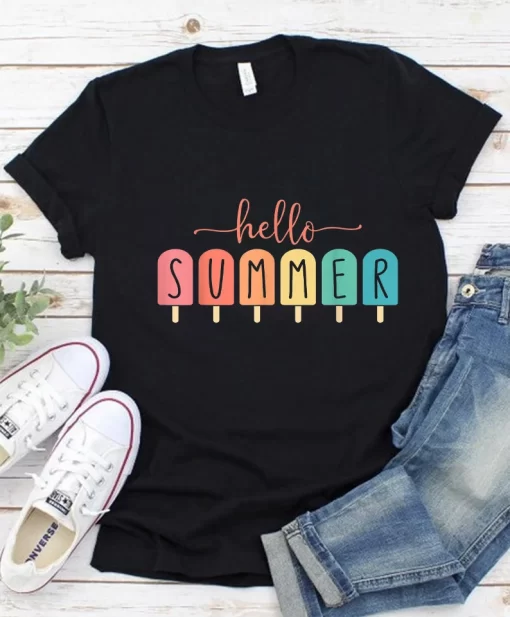 Hello Summer Vacation Ice Cream Popsicle Ice Lolly Gift T Shirt