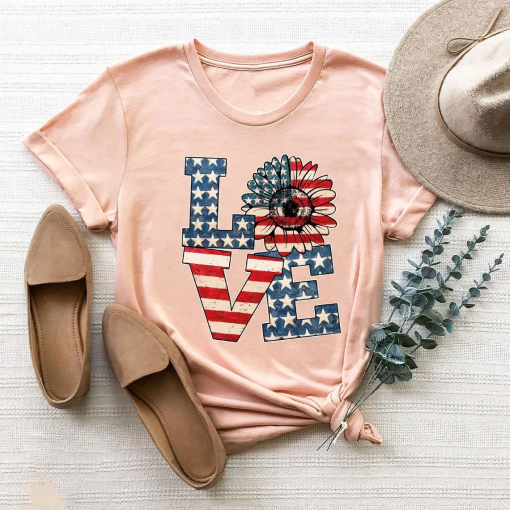 Funny American Flag Sunflower Love T-Shirts, 4th of July T Shirt, USA Flag Shirt