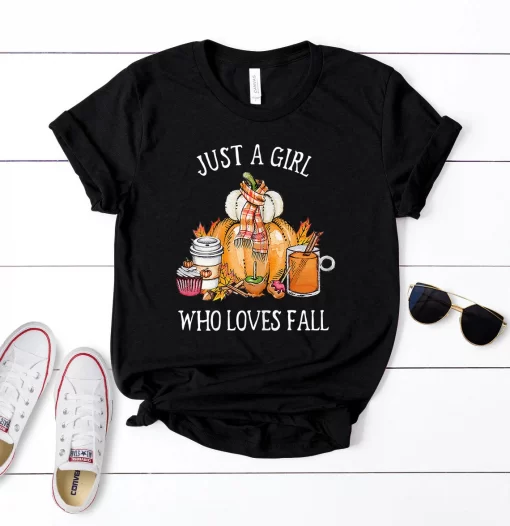 Just A Girl Who Loves Fall T-Shirt, Pumpkin Spice Latte Leaves, Thankgiving Shirt