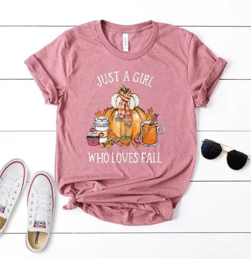 Just A Girl Who Loves Fall T-Shirt, Pumpkin Spice Latte Leaves, Thankgiving Shirt