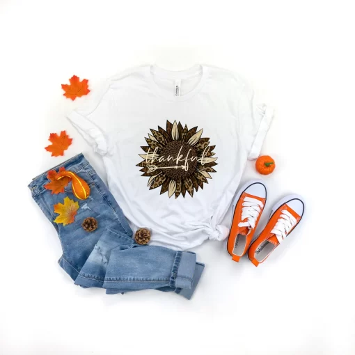 Thankful Sunflower Leopard Shirt, Thanksgiving Shirt, Thanksgiving Family Shirts