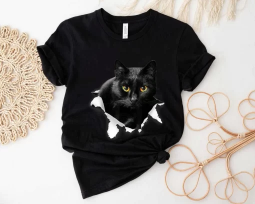 Black Cat Torn Cloth T-Shirt, Gifts for Cat Lovers