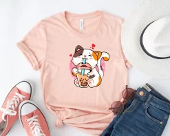 Boba Cat Graphic T-Shirt, Gift For Her