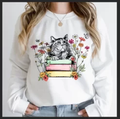 Cute Book Cat Flowers T-Shirt, Cat Love Reading Shirt
