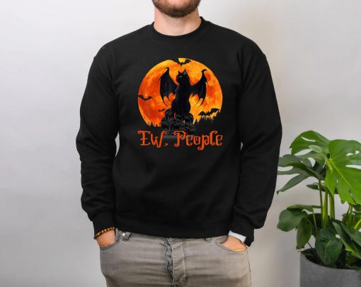 Ew People Black Cat Bat Wings Halloween T-Shirt