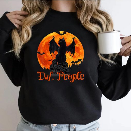 Ew People Black Cat Bat Wings Halloween T-Shirt