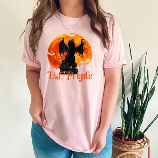 Ew People Black Cat Bat Wings Halloween T-Shirt