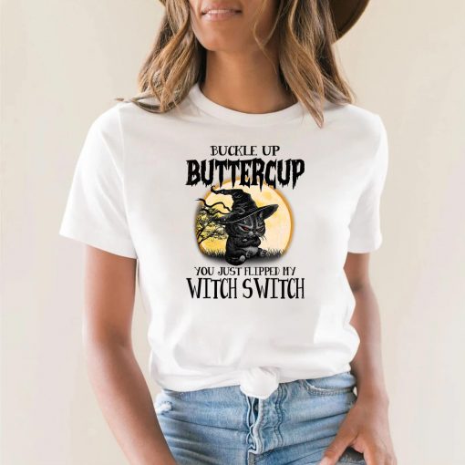 Funny Angry Cat Witch Buckle Up Buttercup Halloween T-Shirt