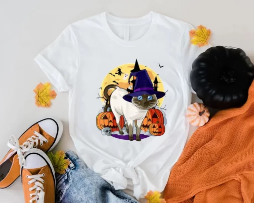 Halloween Cute Siamese Cat T-Shirt, Funny Cat Witch Pumpkin Shirt