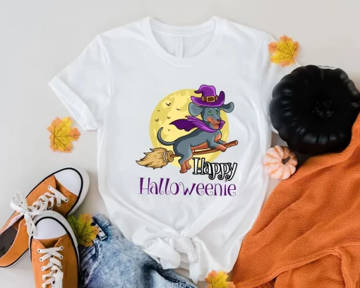Happy Halloweenie Dachshund Dog Halloween Witch Wiener Broom
