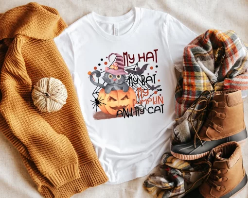 My Hat My Bat My Pumpkin And My Cat Shirt, Funny Halloween Shirt