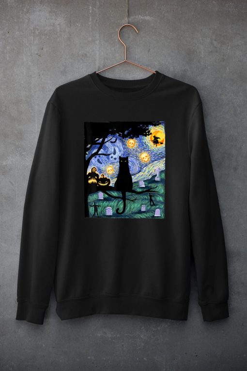 Cat Tshirt, Scary Night Cat Tee, Van Gogh Gift, Halloween T-Shirt
