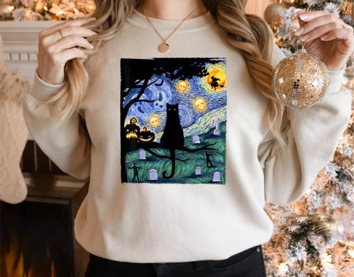 Cat Tshirt, Scary Night Cat Tee, Van Gogh Gift, Halloween T-Shirt