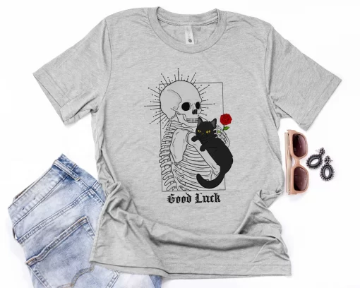 Good Luck Skeleton And Black Cat With Rose T-Shirt