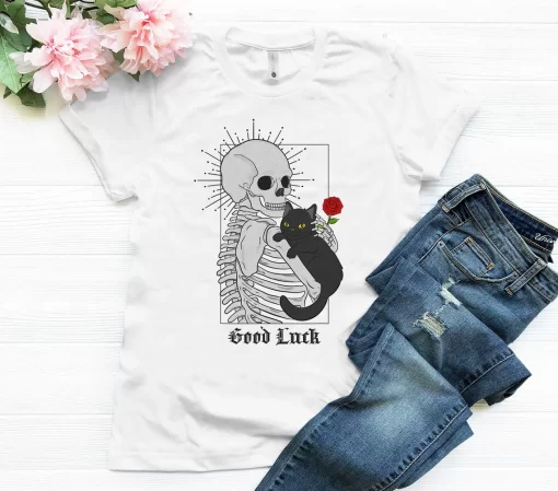 Good Luck Skeleton And Black Cat With Rose T-Shirt