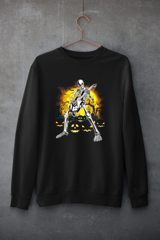 Happy Halloween Funny Skeleton Playing Guitar Pumpkin Vibes T-Shirt