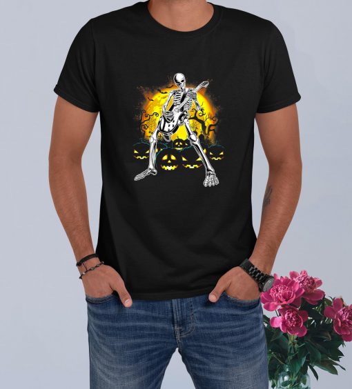 Happy Halloween Funny Skeleton Playing Guitar Pumpkin Vibes T-Shirt