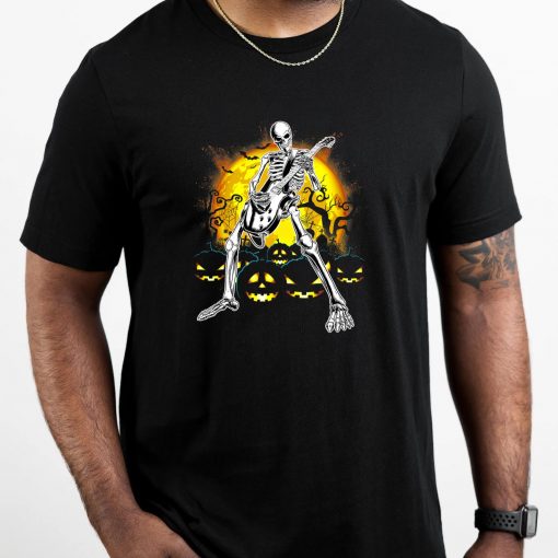 Happy Halloween Funny Skeleton Playing Guitar Pumpkin Vibes T-Shirt