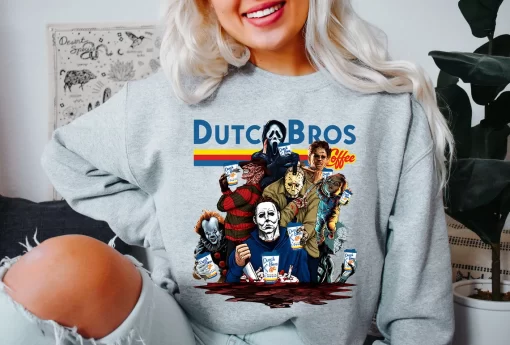 Horror Movies Characters at Dutch Bros Coffee Halloween Sweatshirt