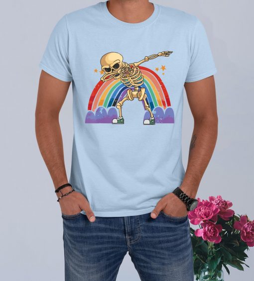 Skeleton Dabbing Lazy Halloween Costume Dab Skull Rainbow T-Shirt
