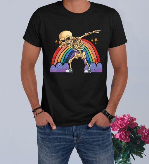 Skeleton Dabbing Lazy Halloween Costume Dab Skull Rainbow T-Shirt