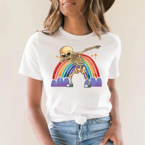 Skeleton Dabbing Lazy Halloween Costume Dab Skull Rainbow T-Shirt