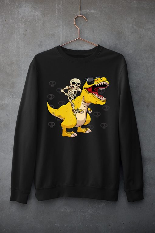 Skeleton Riding Dinosaur Lazy Halloween Costume Funny T-Rex T-Shirt
