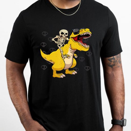 Skeleton Riding Dinosaur Lazy Halloween Costume Funny T-Rex T-Shirt