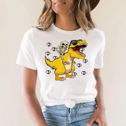 Skeleton Riding Dinosaur Lazy Halloween Costume Funny T-Rex T-Shirt