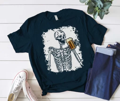 Skeleton Skull Drinking Beer T-Shirt