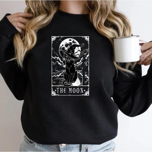 Tarot Card Crescent Moon And Black Cat Witch Hat Halloween T-Shirt