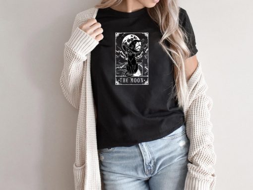 Tarot Card Crescent Moon And Black Cat Witch Hat Halloween T-Shirt