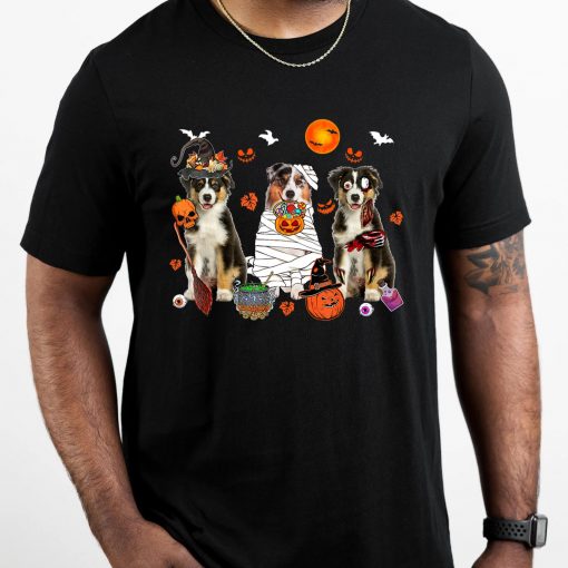 Three Australian Shepherd Dogs Witch Scary Mummy Halloween T-Shirt
