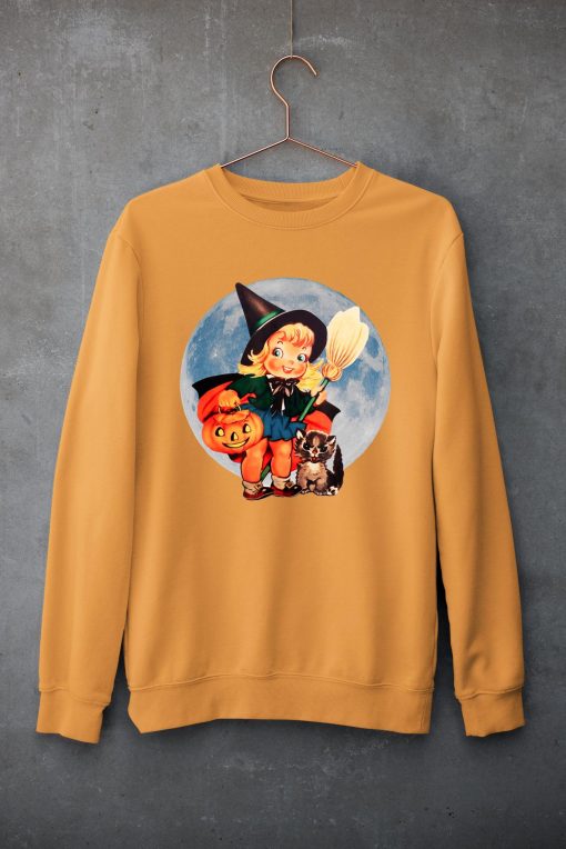 Vintage Halloween Art – Retro Cute Witch Pumpkin Cat T-Shirt