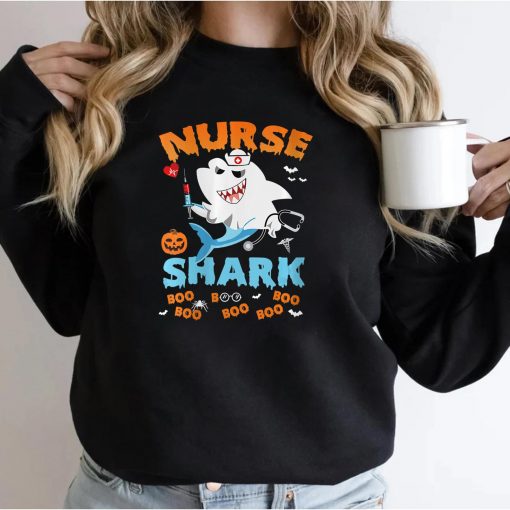 Womens Nurse Shark Boo Boo Boo Pumpkin Halloween Witch Creepy Party T-Shirt