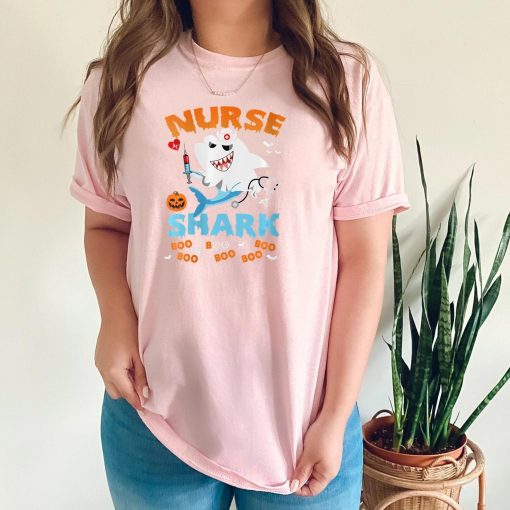 Womens Nurse Shark Boo Boo Boo Pumpkin Halloween Witch Creepy Party T-Shirt