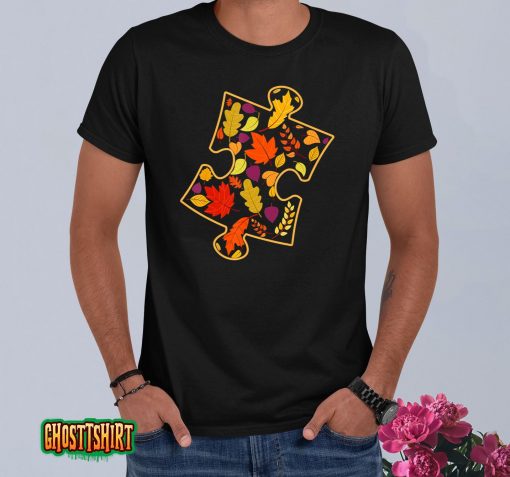 Autism Awareness Fall Leaf Autumn Thanksgiving Puzzle Piece T-Shirt