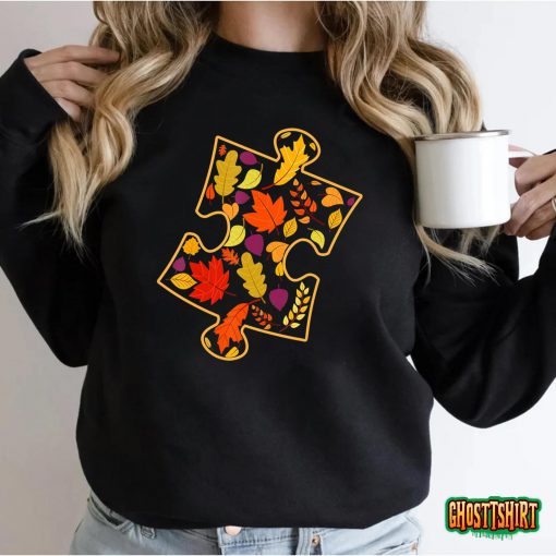 Autism Awareness Fall Leaf Autumn Thanksgiving Puzzle Piece T-Shirt