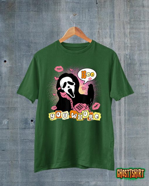 Boo You Whore Funny Ghost on Pink Phone Funny Halloween T-Shirt
