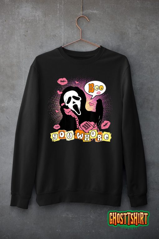 Boo You Whore Funny Ghost on Pink Phone Funny Halloween T-Shirt