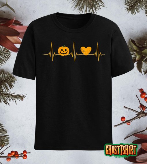 Halloween Love Heartbeat Frequency With Pulse Pumpkin Heart T-Shirt