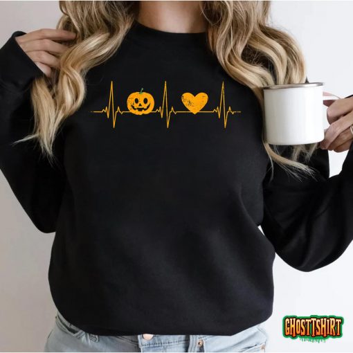 Halloween Love Heartbeat Frequency With Pulse Pumpkin Heart T-Shirt