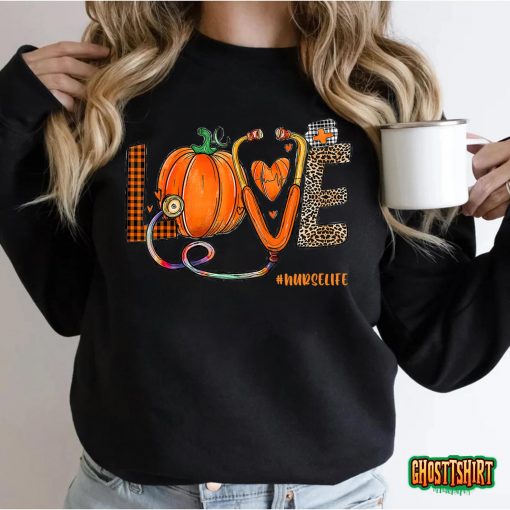 Love Nurse Pumpkin Leopard Fall Halloween Thanksgiving Women T-Shirt