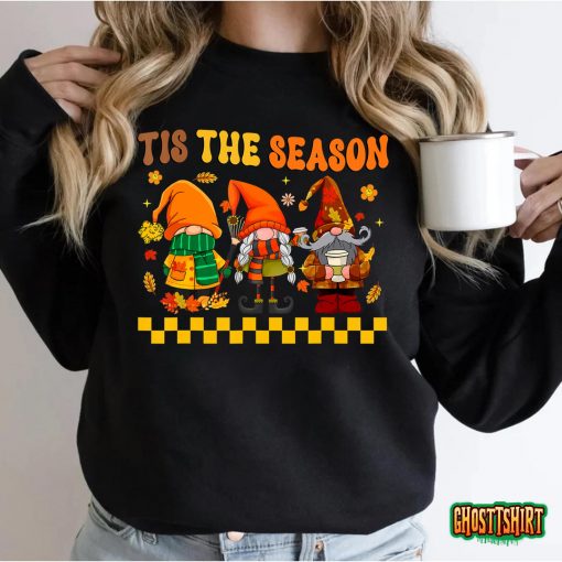Retro Groovy Tis The Season Fall Gnomes Hippie Thanksgiving T-Shirt