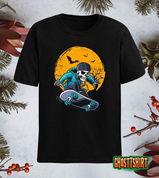 A Skeleton Skateboard Playing Cruiser Skateboard Pumpkins T-Shirt